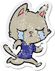 distressed sticker of a crying cartoon cat running away