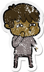 distressed sticker of a cartoon curious man