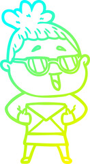 cold gradient line drawing cartoon happy woman wearing spectacles