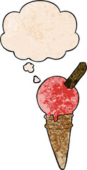 cartoon ice cream and thought bubble in grunge texture pattern style