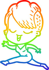rainbow gradient line drawing happy cartoon girl running