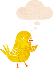 cartoon bird and thought bubble in retro textured style
