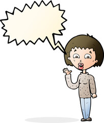 cartoon woman waving with speech bubble
