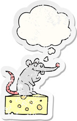 cartoon mouse sitting on cheese and thought bubble as a distressed worn sticker