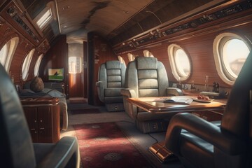Fototapeta premium Airplane interior with lether seats and wood. Luxury style first-class jet generative ai
