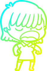 cold gradient line drawing cartoon woman talking loudly