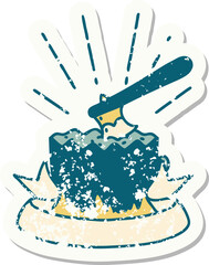 grunge sticker of tattoo style axe in tree stump