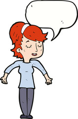 cartoon friendly woman shrugging shoulders with speech bubble