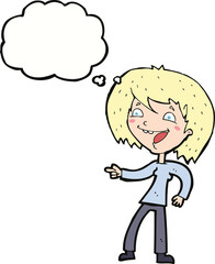 cartoon woman laughing and pointing with thought bubble