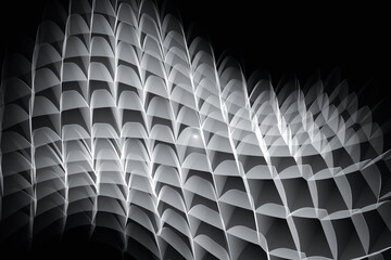 White pattern of curved shapes and waves on a black background. Abstract fractal 3D rendering