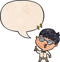 cartoon clever boy and idea and speech bubble in retro texture style