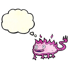 cartoon little fire demon with thought bubble