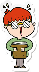sticker of a cartoon boy and book