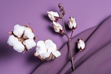 Flat lay Beautiful cotton branch, white and gray fabric on purple background top view copy space. Natural cotton fabric texture. Dreamy white cotton flowers - Generative AI