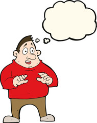 cartoon excited overweight man with thought bubble