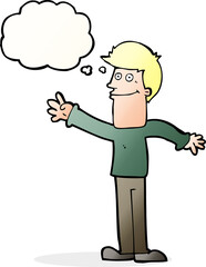 cartoon happy man waving with thought bubble