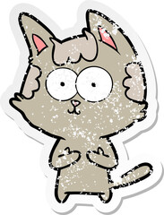 distressed sticker of a happy cartoon cat