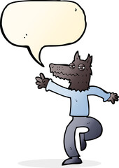 cartoon happy wolf man with speech bubble
