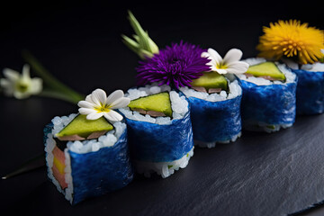 Closeup of blue sushi with flowers. Generative AI.