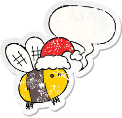cute cartoon bee wearing christmas hat and speech bubble distressed sticker