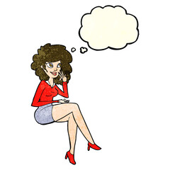 cartoon office woman sitting with thought bubble