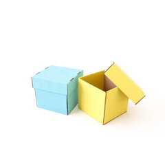 Blue and open yellow box on a white background. Top view. Place for text and logo. The concept of packaging, gift, delivery. High quality photo