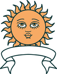 tattoo with banner of a sun with face