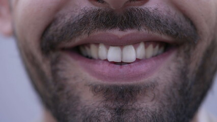 Fototapeta premium One happy Middle Eastern man mouth closeup smile. Bearded male person macro detail smiling
