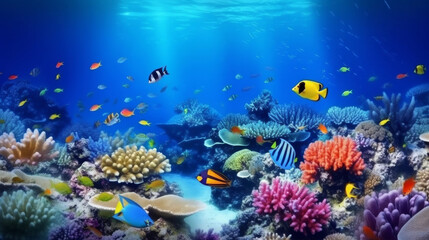 Naklejka na ściany i meble Underwater coral reef landscape super wide banner background in deep blue ocean. Illustration AI Generative