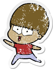 distressed sticker of a cartoon happy boy