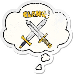 cartoon sword fight and thought bubble as a distressed worn sticker