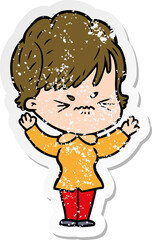 distressed sticker of a cartoon frustrated woman
