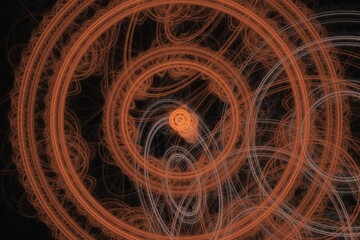 Orange round pattern of curved lines on a black background. Abstract fractal 3D rendering