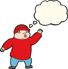 cartoon man in hat waving with thought bubble