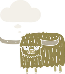 cartoon hairy cow and thought bubble in retro style