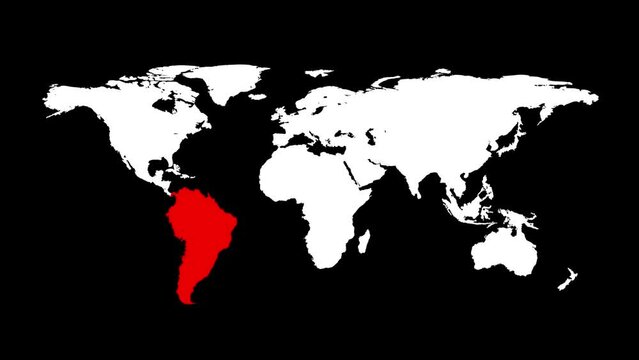 World map animation with red South America. Appearance all continents into a whole world map on black background. Infographic design. Business or travel concept. Virus infection. 60 fps 3D animation.