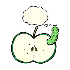cartoon bug eating apple with thought bubble