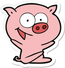 sticker of a cheerful sitting pig cartoon