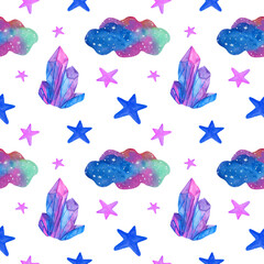 Watercolor magic crystal, clouds and stars seamless pattern isolated on white background. Hand painting cute mystical illustration.