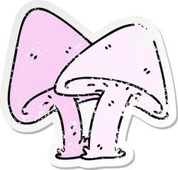 distressed sticker of a quirky hand drawn cartoon mushrooms