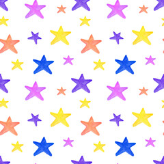 Obraz premium Watercolor colorful small stars seamless pattern isolated on white background. Hand painting cute celestial illustration.