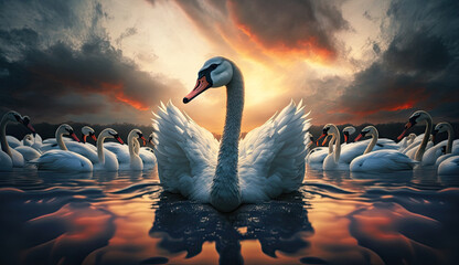 White swan swimming at lake in the morning with sunlight and cloudy sky in the middle of crowd swans, animal life concept, nature wildlife background, with Generative AI.