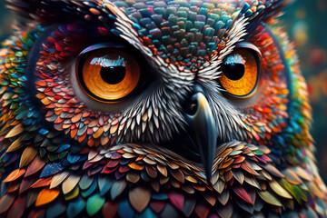 Abstract animal Owl portrait with colorful double exposure paint with Generative AI.