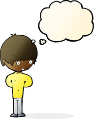 cartoon nervous boy with thought bubble