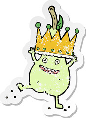 retro distressed sticker of a caroon pear wearing crown