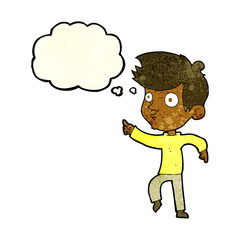 cartoon pointing boy with thought bubble