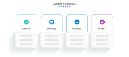 Timeline infographic with infochart. Modern presentation template with 4 spets for business process. Website template on white background for concept modern design. Horizontal layout.