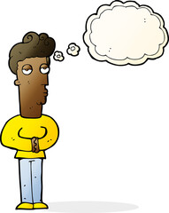 cartoon jaded man with thought bubble