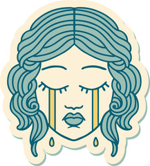 tattoo style sticker of female face crying