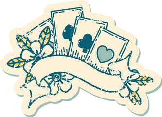 distressed sticker tattoo style icon of cards and banner